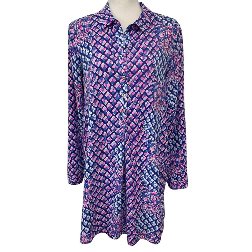 Lilly Pulitzer Lilith Collar Shirt Dress Medium Blue Pink Pineapple Print Casual